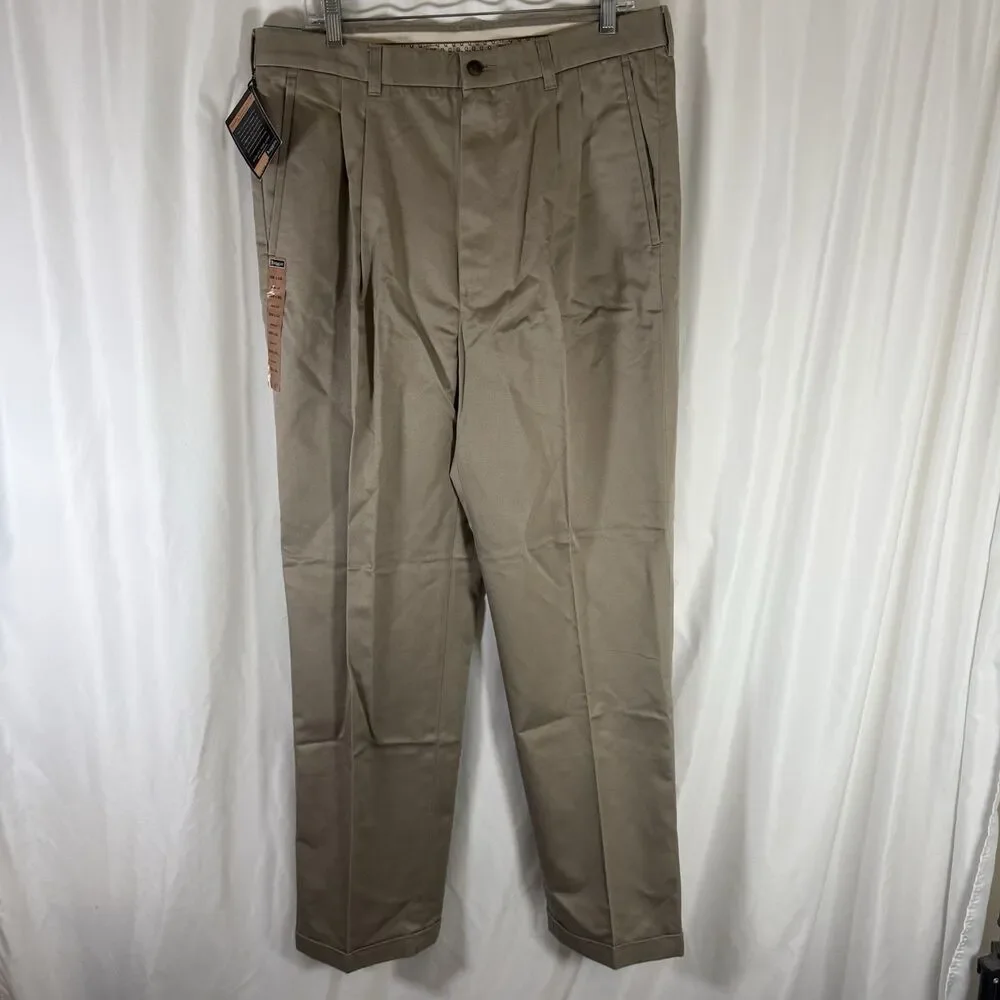 New Haggar Pleated Cuff Men's 36x34 Khaki Long Stable Combed Cotton No Iron